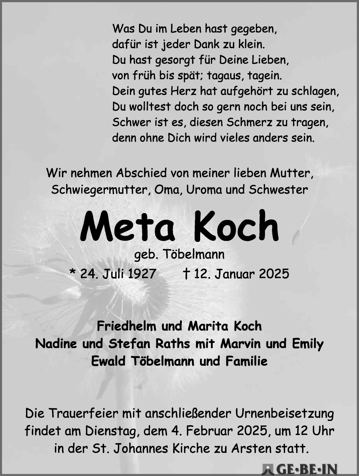 Traueranzeige von Meta Koch von WESER-KURIER