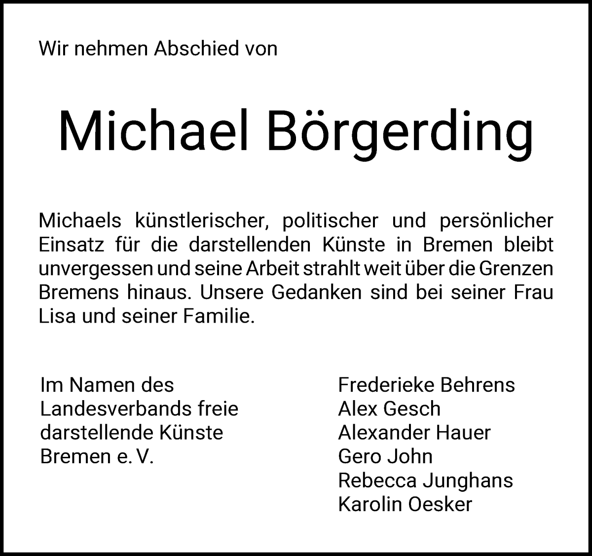 Traueranzeige von Prof. Michael Börgerding von WESER-KURIER