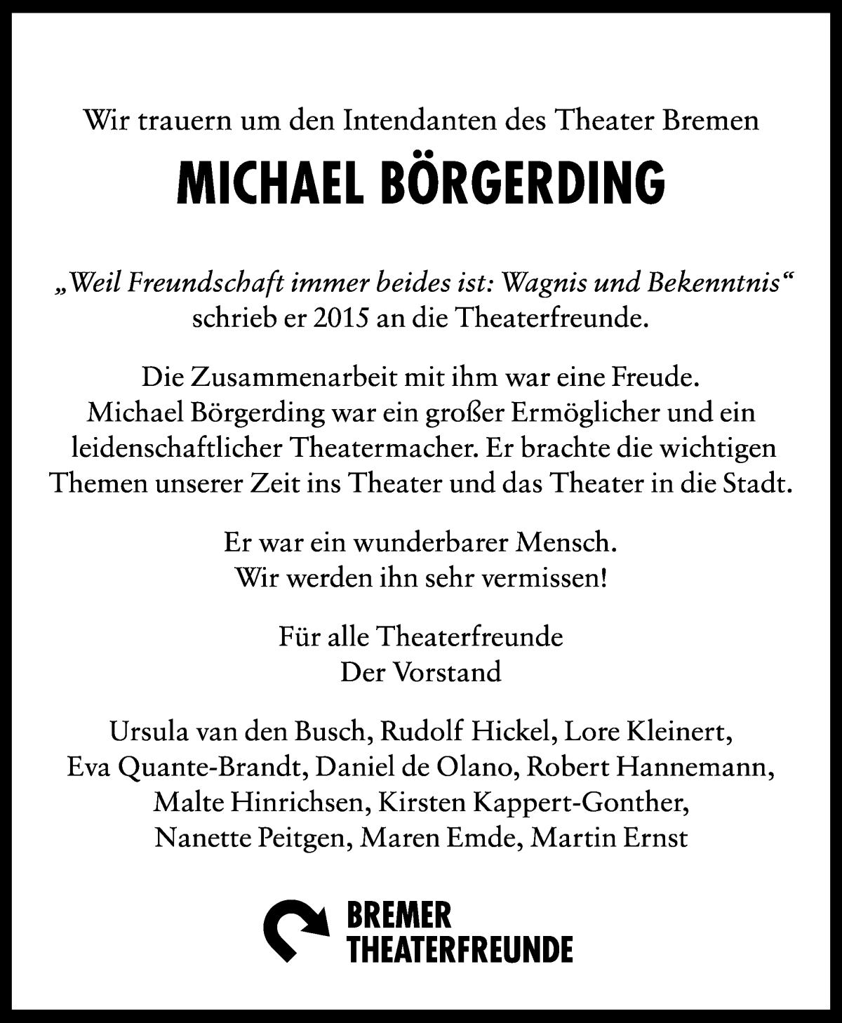 Traueranzeige von Prof. Michael Börgerding von WESER-KURIER