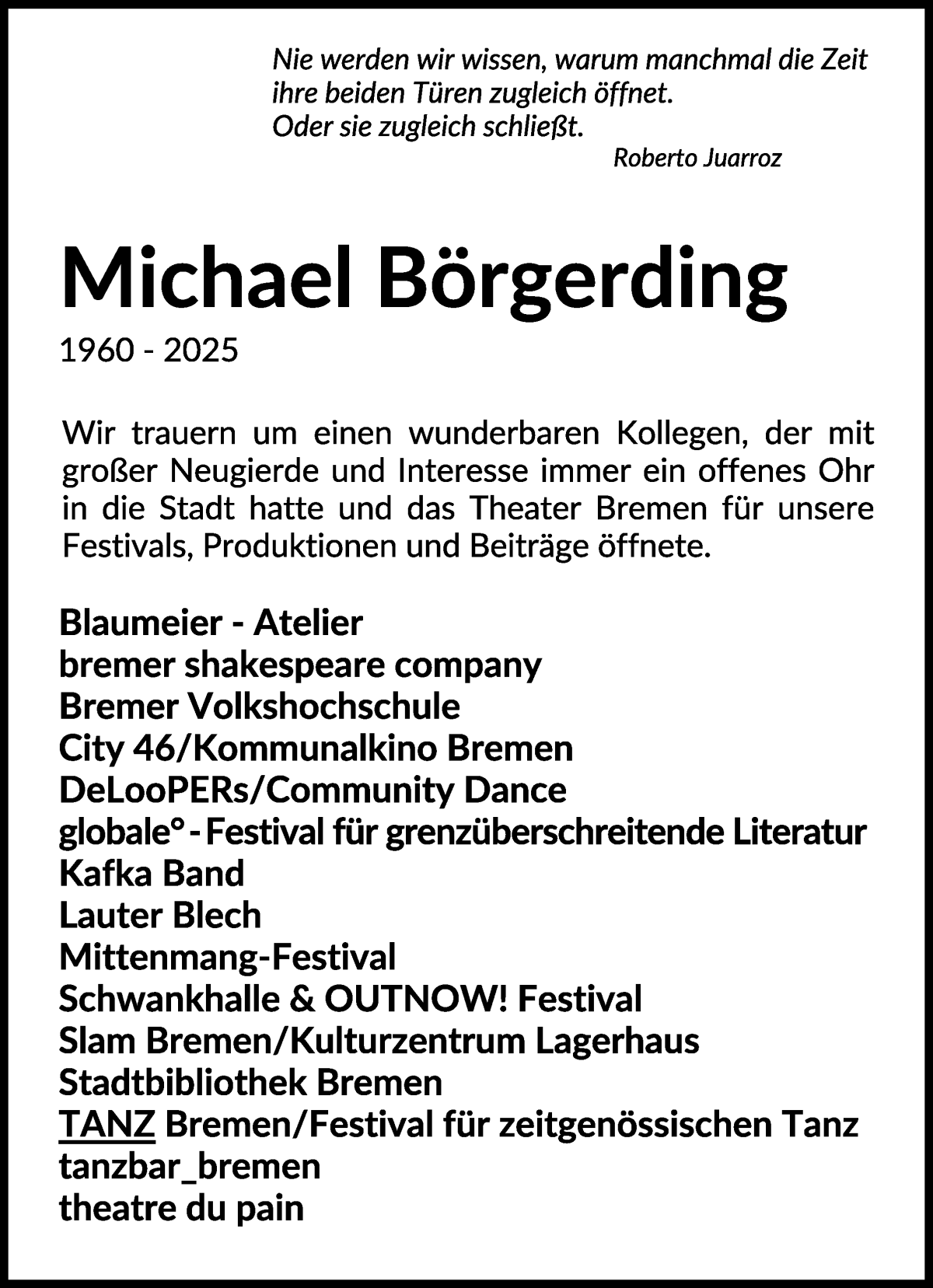 Traueranzeige von Prof. Michael Börgerding von WESER-KURIER