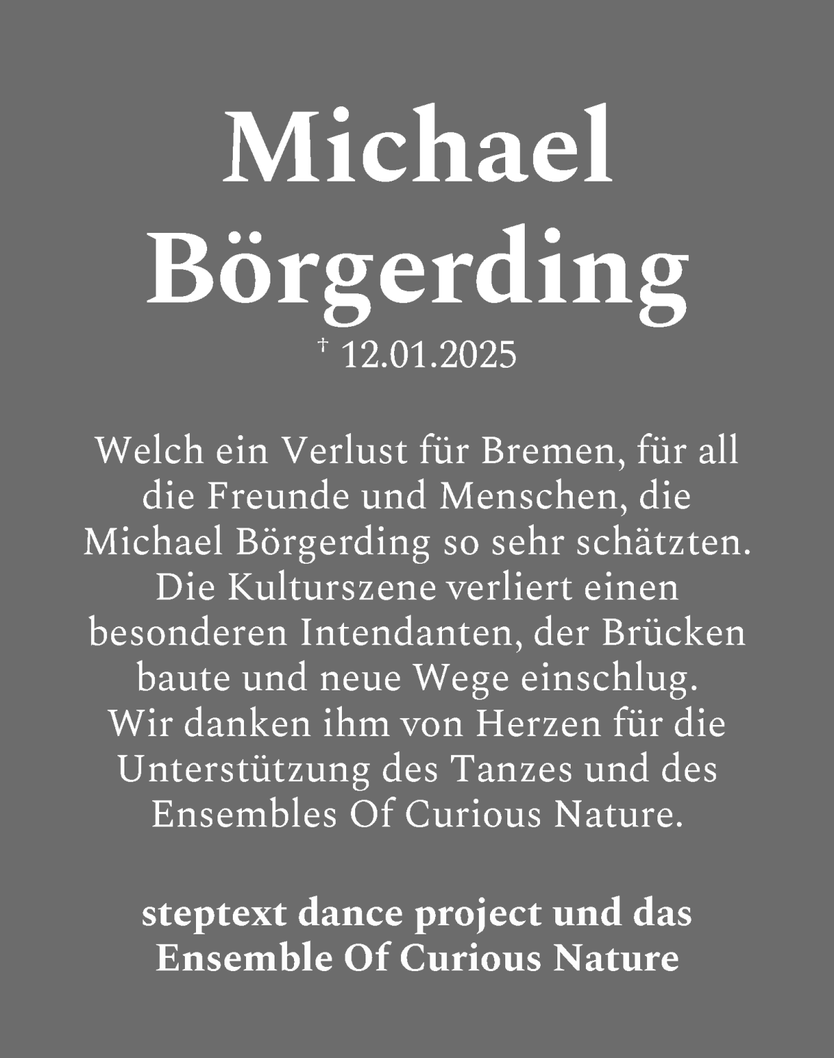 Traueranzeige von Prof. Michael Börgerding von WESER-KURIER