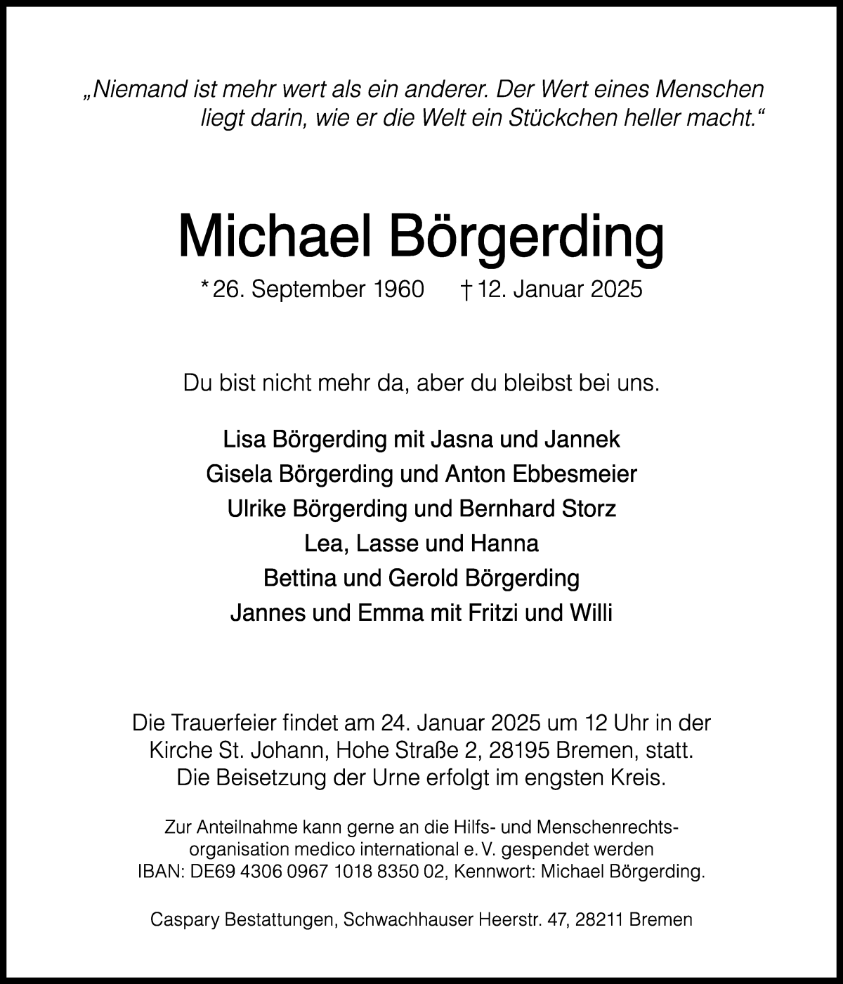 Traueranzeige von Prof. Michael Börgerding von WESER-KURIER