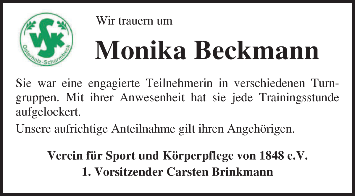 Traueranzeige von Monika Beckmann von Osterholzer Kreisblatt