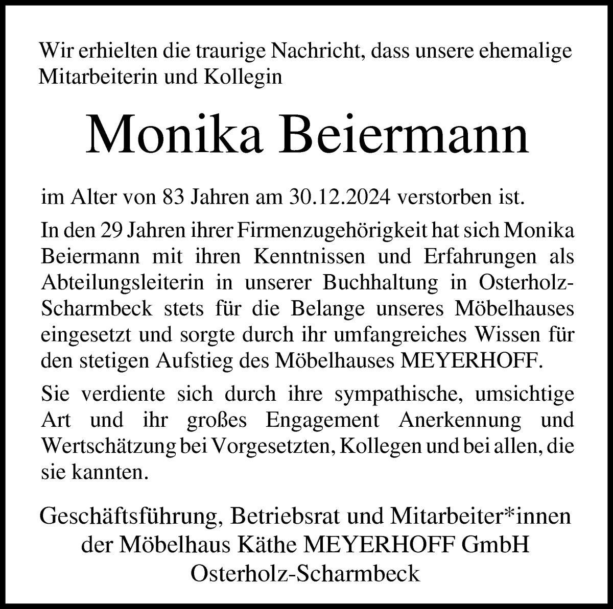 Traueranzeige von Monika Beiermann von Wuemme Zeitung