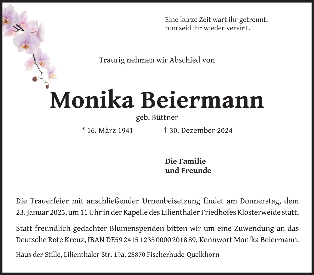 Traueranzeige von Monika Beiermann von Wuemme Zeitung