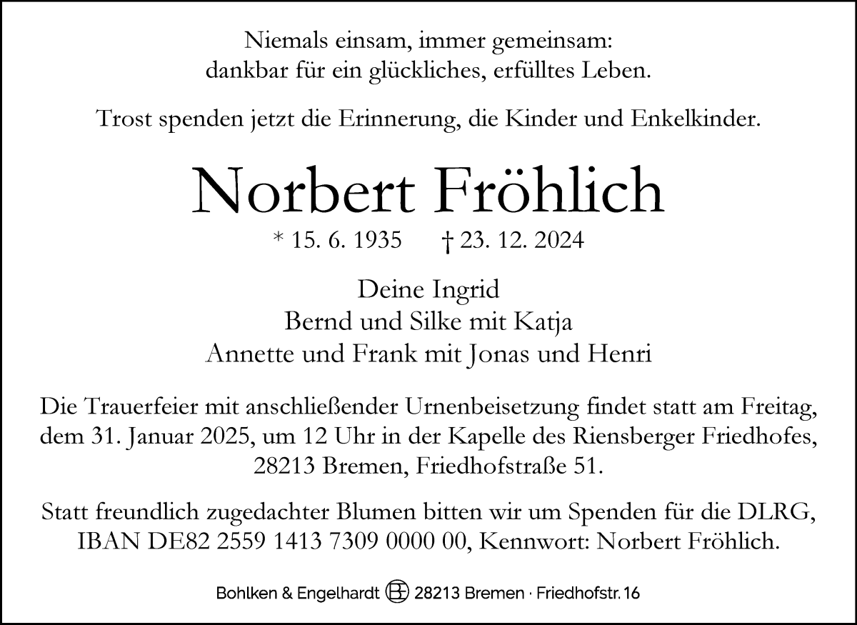 Traueranzeige von Norbert Fröhlich von WESER-KURIER