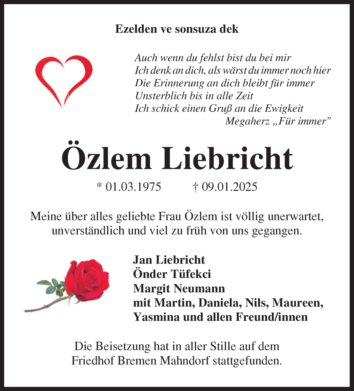 Traueranzeige von Özlem Liebricht von WESER-KURIER