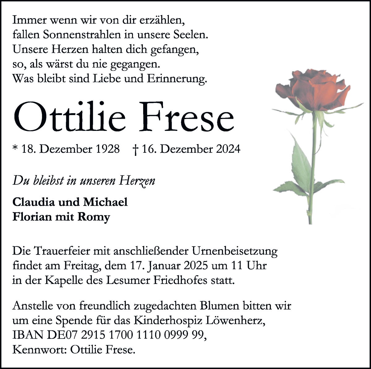 Traueranzeige von Ottilie Frese von Die Norddeutsche