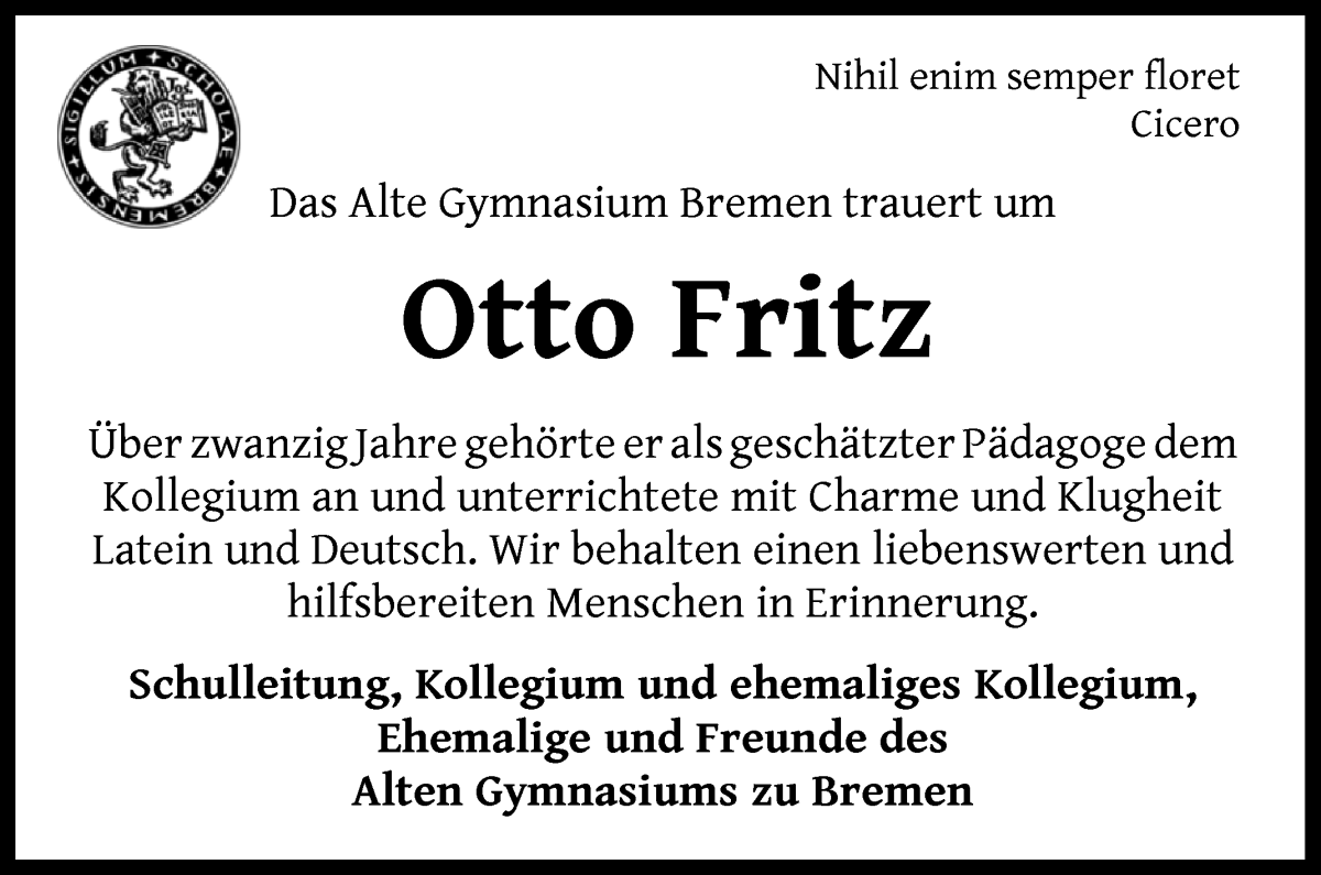 Traueranzeige von Otto Fritz von WESER-KURIER