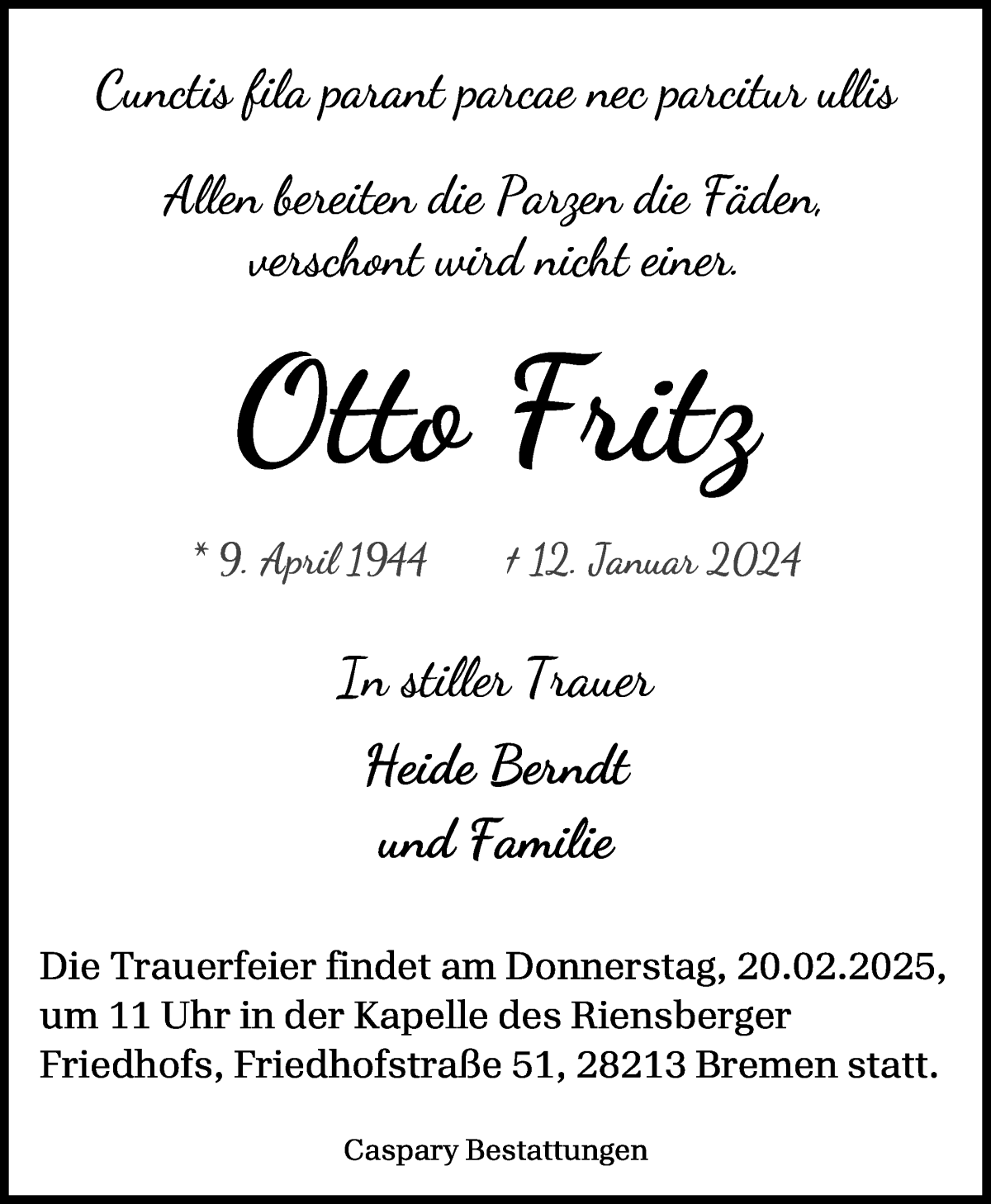 Traueranzeige von Otto Fritz von WESER-KURIER