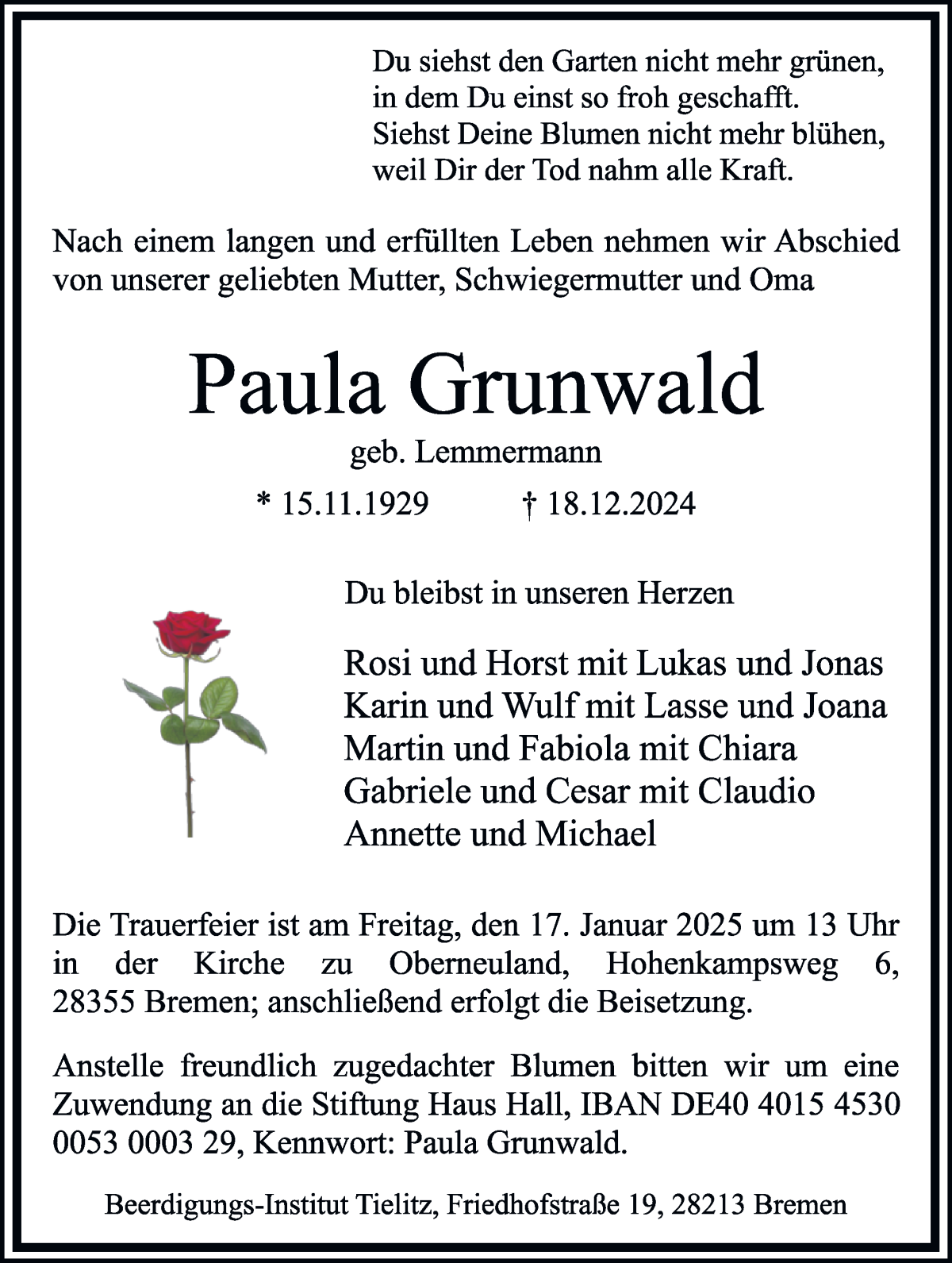 Traueranzeige von Paula Grunwald von WESER-KURIER