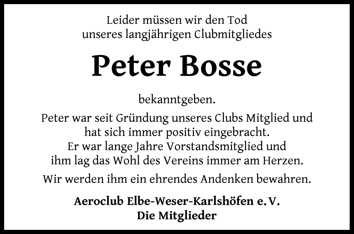 Traueranzeige von Peter Bosse von WESER-KURIER