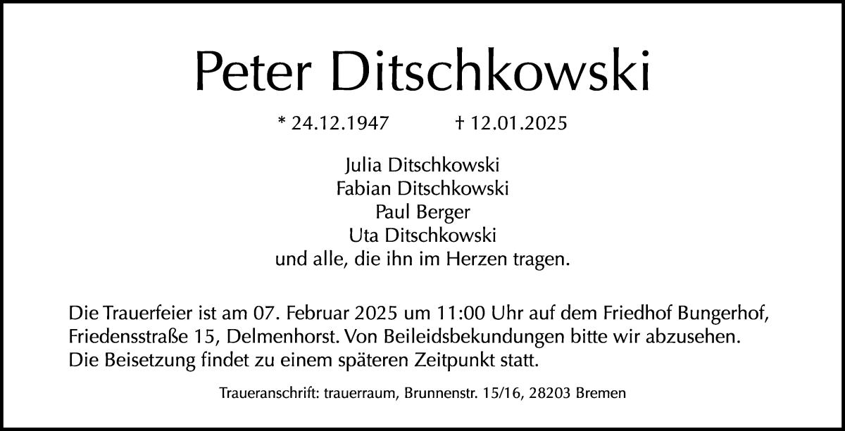 Traueranzeige von Peter Ditschkowski von Delmenhorster Kurier