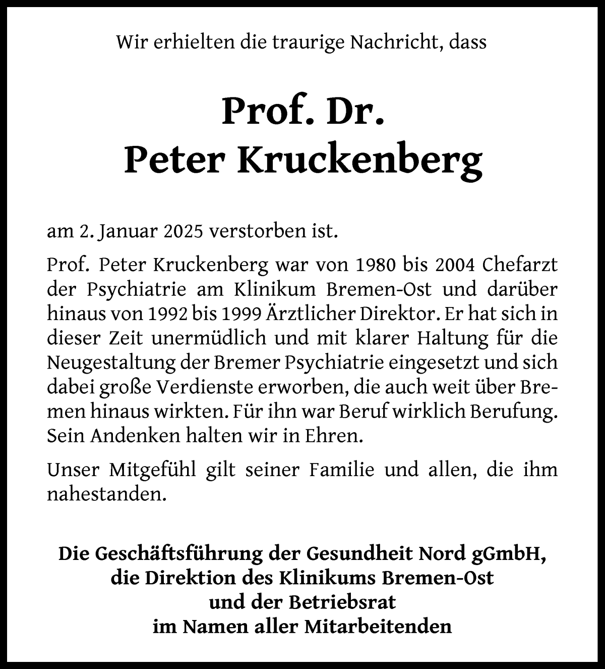 Traueranzeige von Peter Kruckenberg von WESER-KURIER