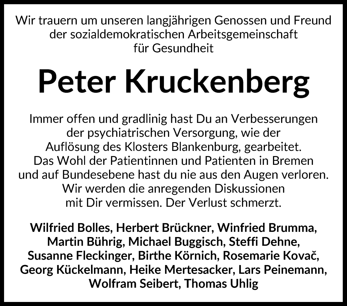 Traueranzeige von Peter Kruckenberg von WESER-KURIER