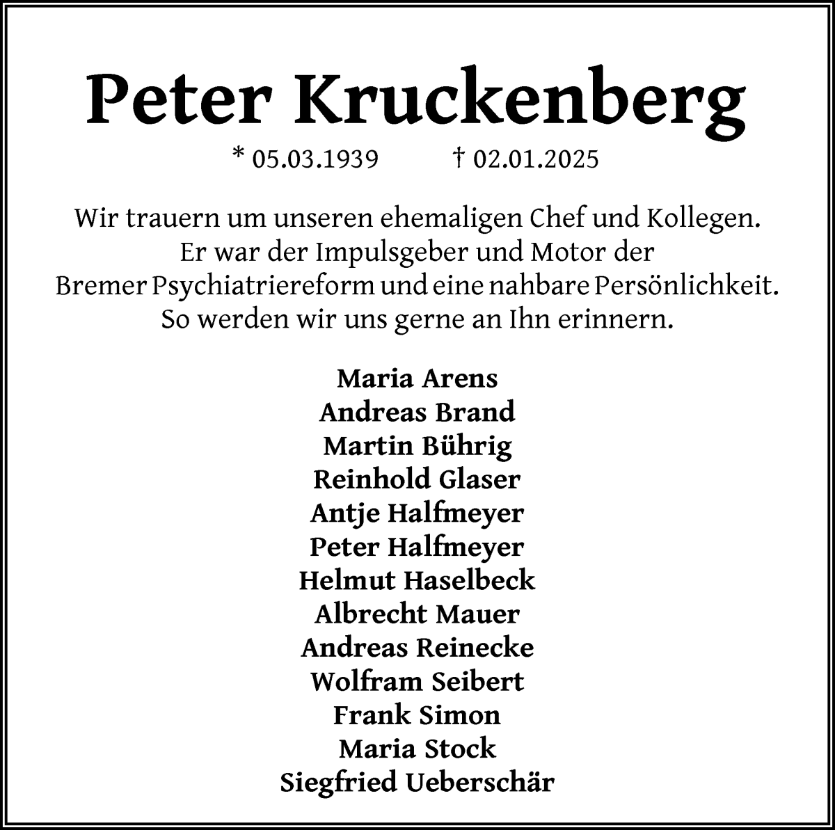 Traueranzeige von Peter Kruckenberg von WESER-KURIER