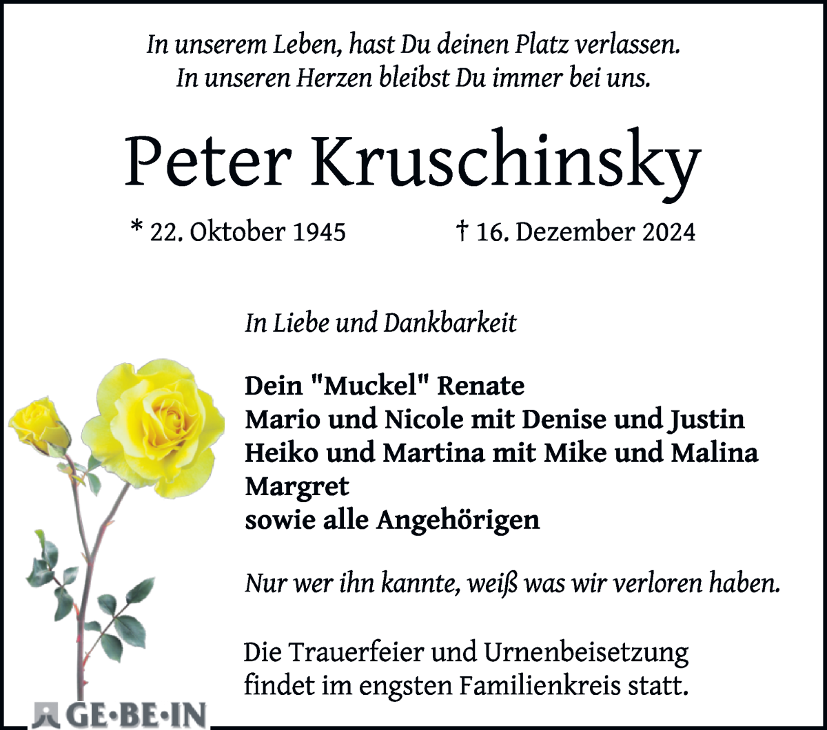 Traueranzeige von Peter Kruschinsky von WESER-KURIER