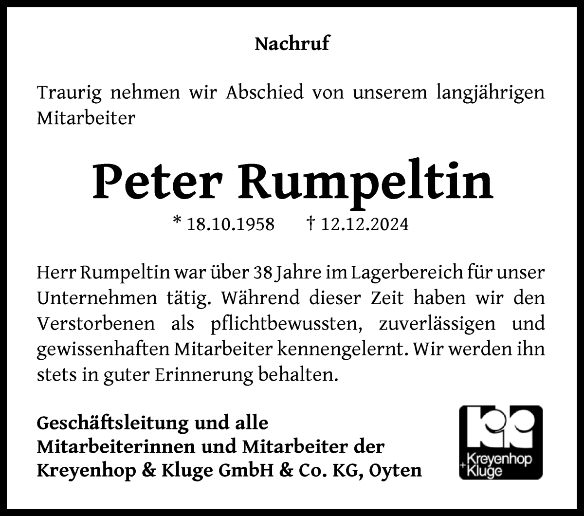 Traueranzeige von Peter Rumpeltin von WESER-KURIER