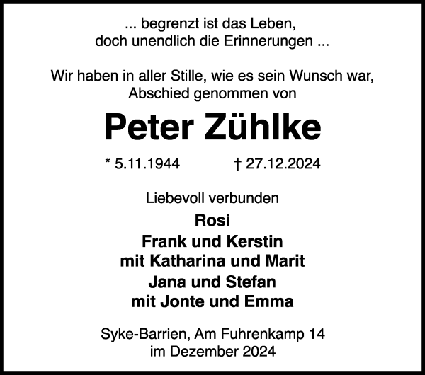 Traueranzeige von Peter Zühlke von WESER-KURIER
