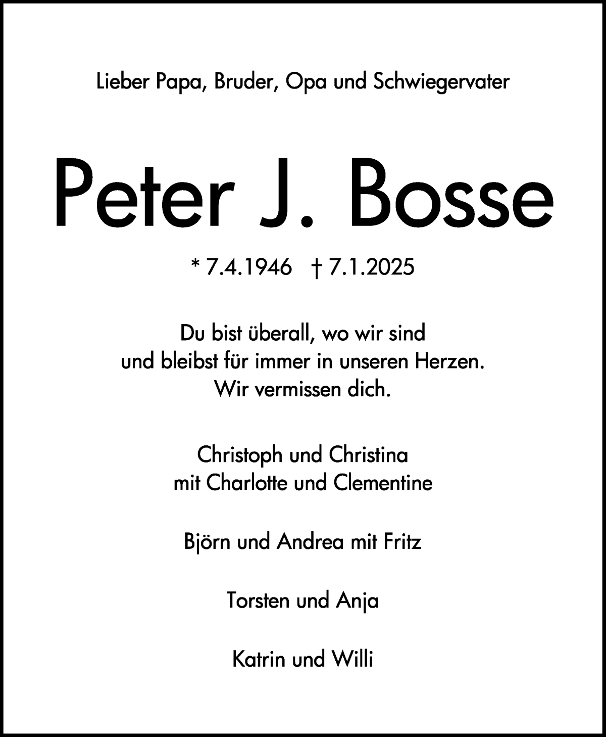 Traueranzeige von Peter J. Bosse von WESER-KURIER