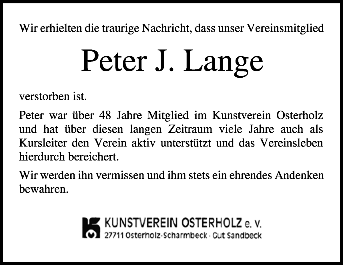 Traueranzeige von Peter J. Lange von Osterholzer Kreisblatt