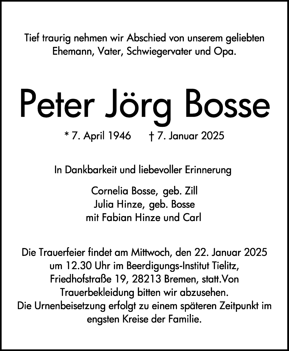 Traueranzeige von Peter Jörg Bosse von WESER-KURIER