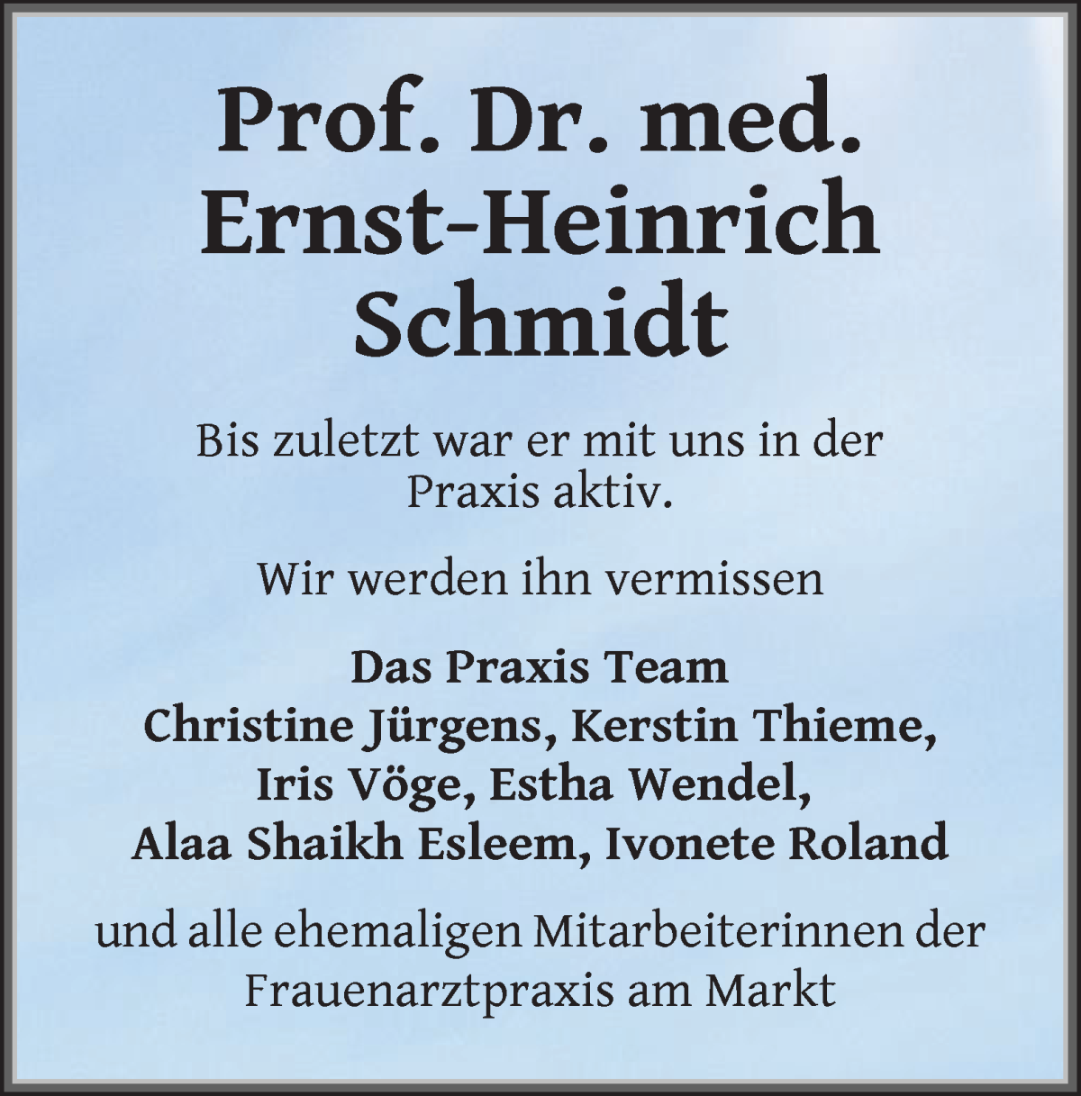 Traueranzeige von Prof. Ernst-Heinrich Schmidt von WESER-KURIER