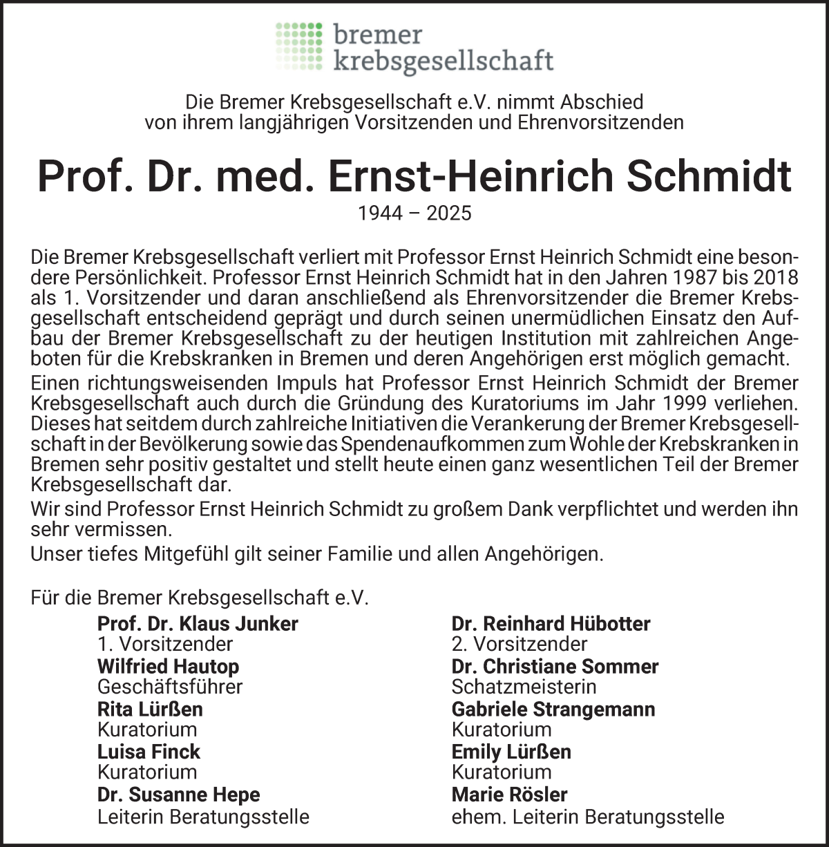 Traueranzeige von Prof. Ernst-Heinrich Schmidt von WESER-KURIER