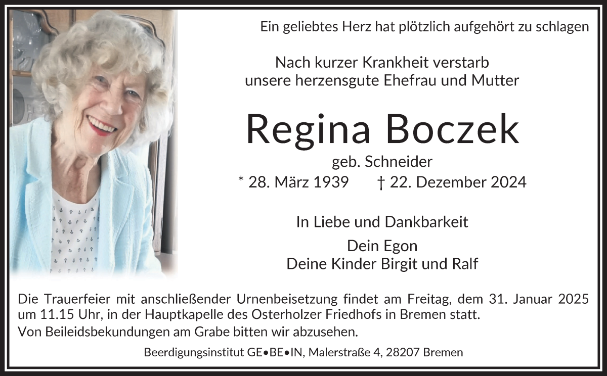 Traueranzeige von Regina Boczek von WESER-KURIER