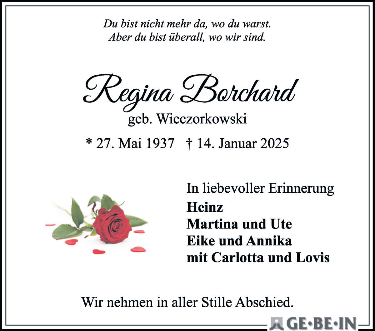 Traueranzeige von Regina Borchard von WESER-KURIER