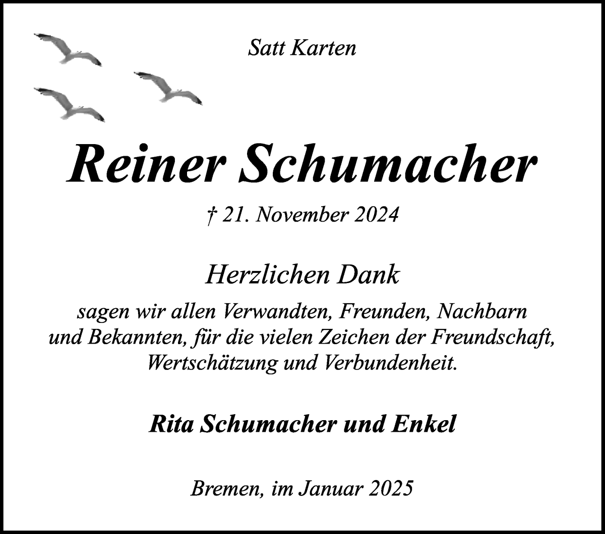 Traueranzeige von Reiner Schumacher von WESER-KURIER