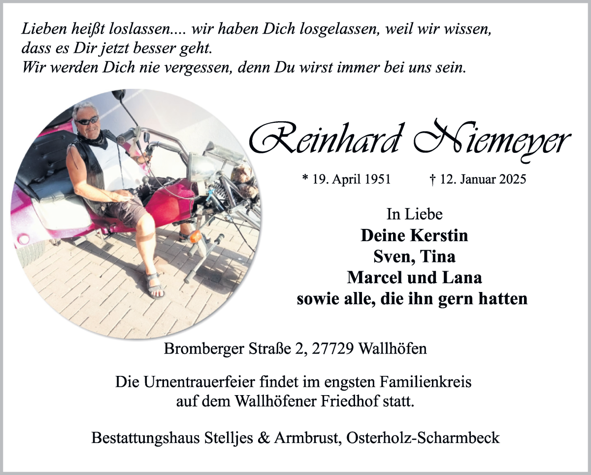 Traueranzeige von Reinhard Niemeyer von Osterholzer Kreisblatt