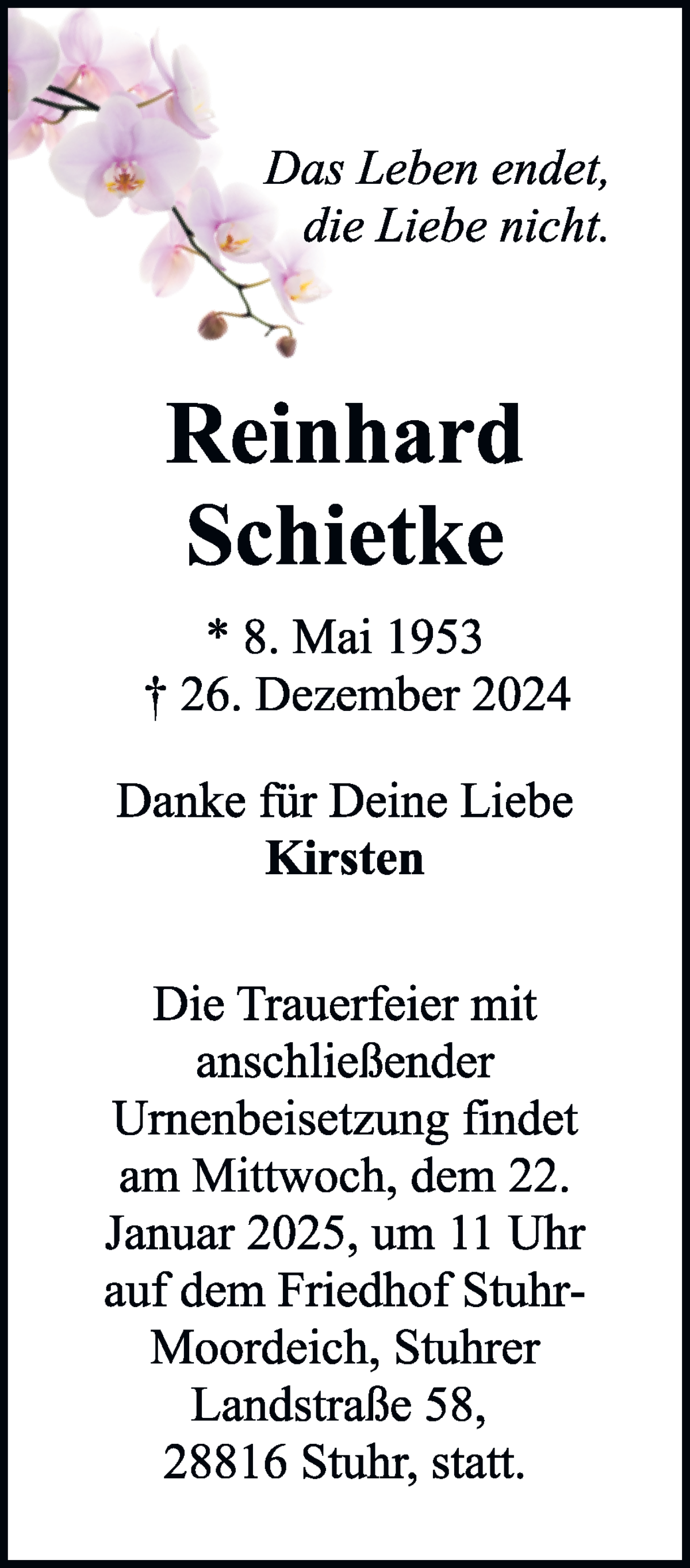 Traueranzeige von Reinhard Schietke von WESER-KURIER