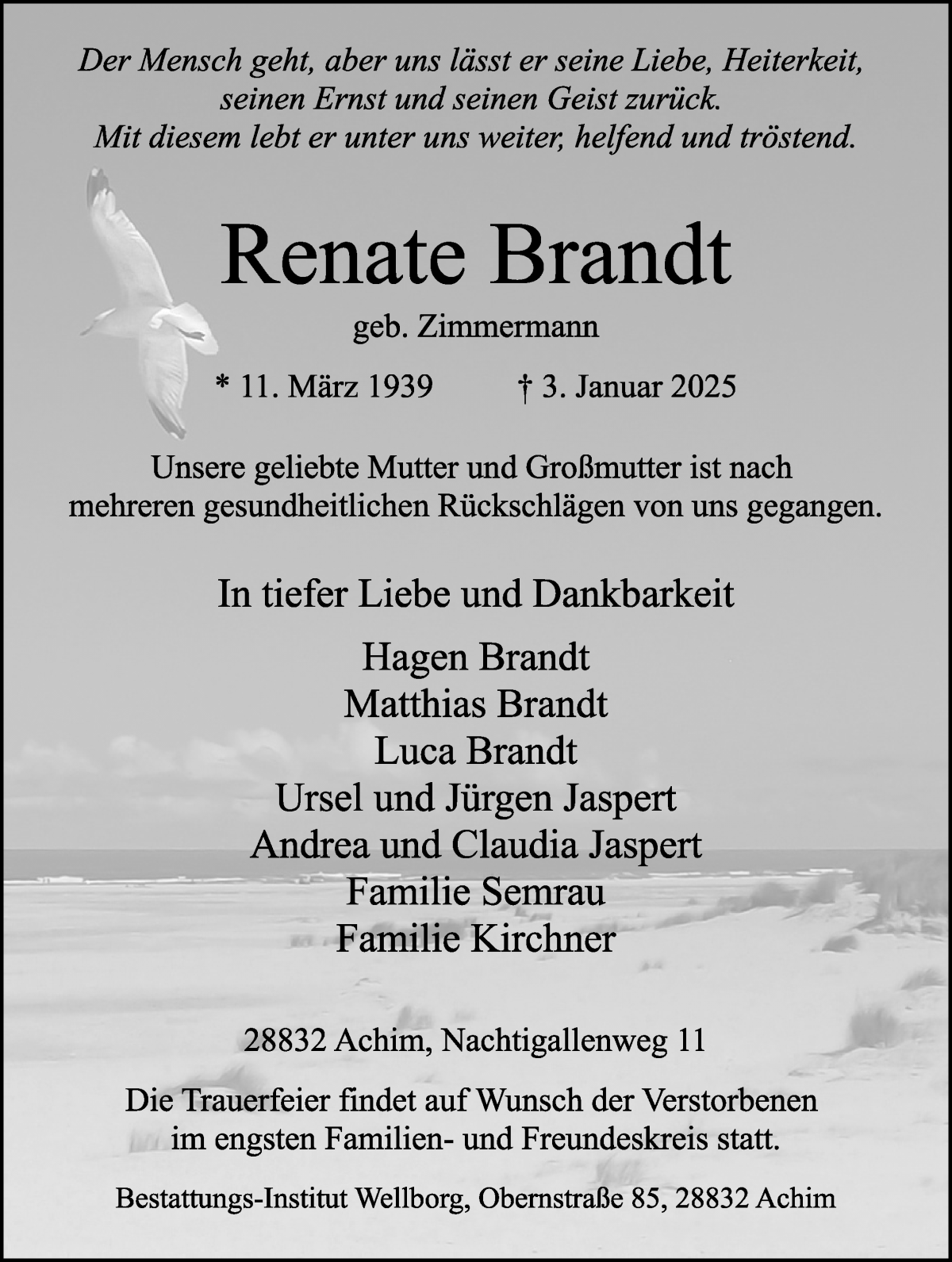Traueranzeige von Renate Brandt von WESER-KURIER
