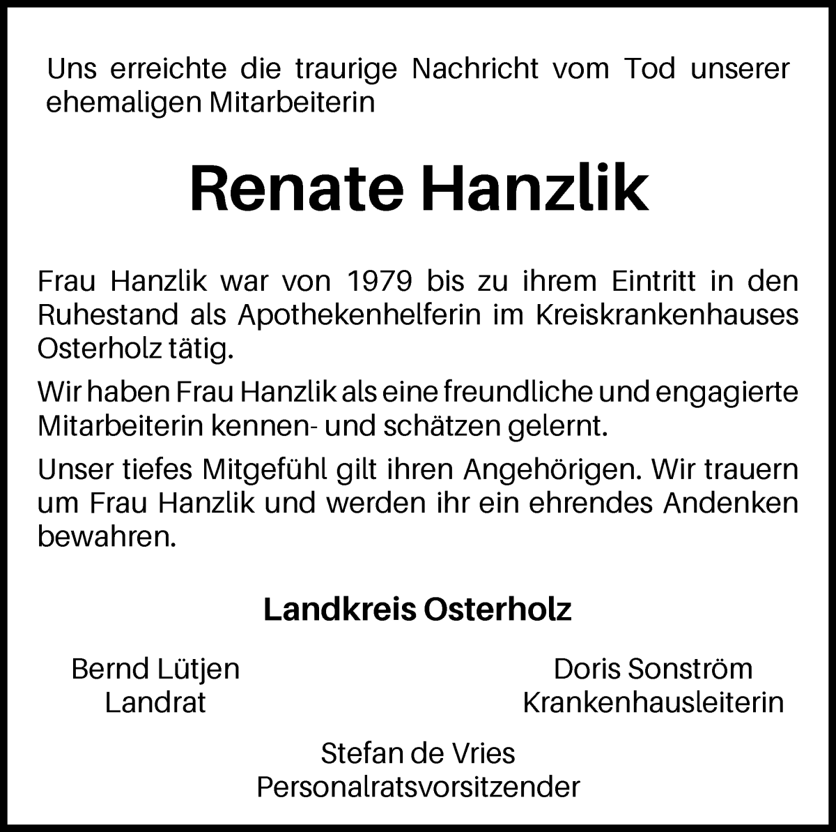 Traueranzeige von Renate Hanzlik von Osterholzer Kreisblatt