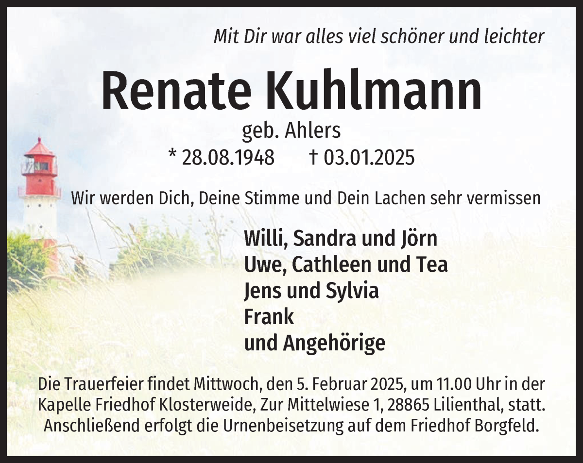 Traueranzeige von Renate Kuhlmann von WESER-KURIER