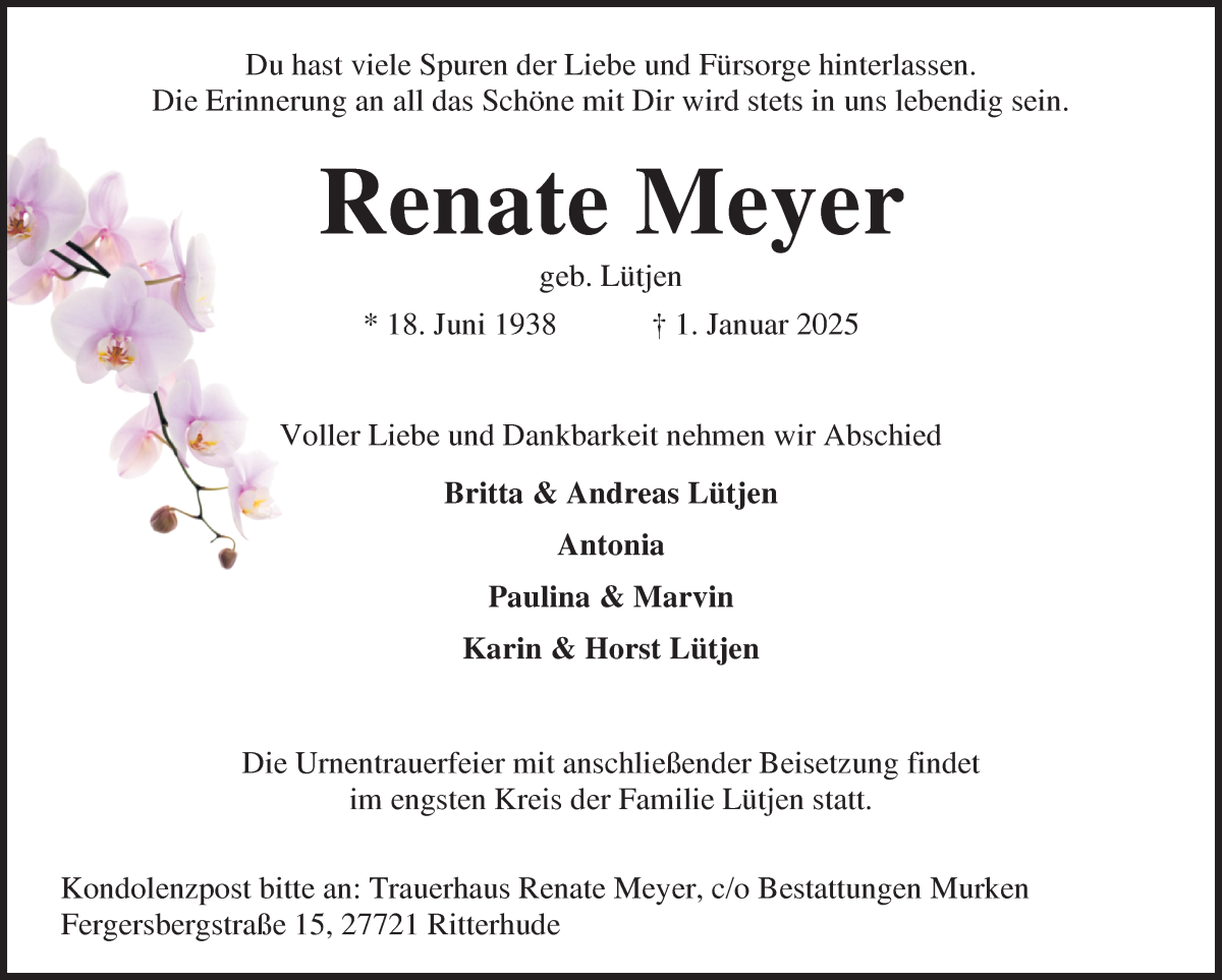 Traueranzeige von Renate Meyer von Osterholzer Kreisblatt