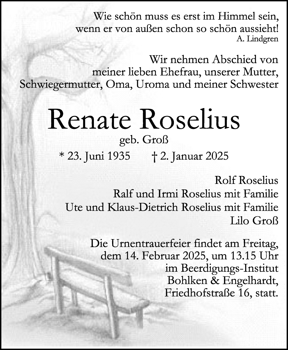 Traueranzeige von Renate Roselius von WESER-KURIER
