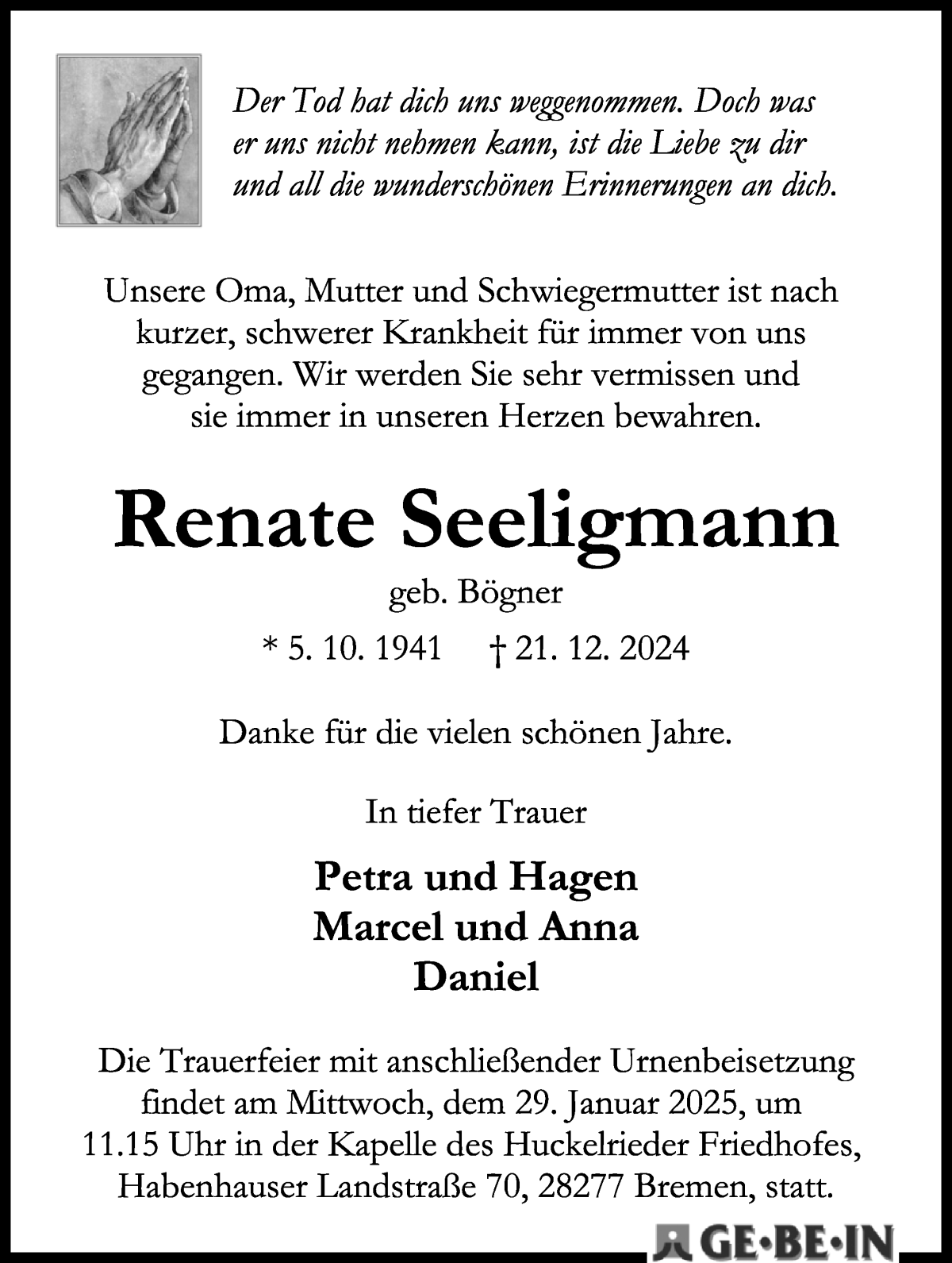 Traueranzeige von Renate Seeligmann von WESER-KURIER