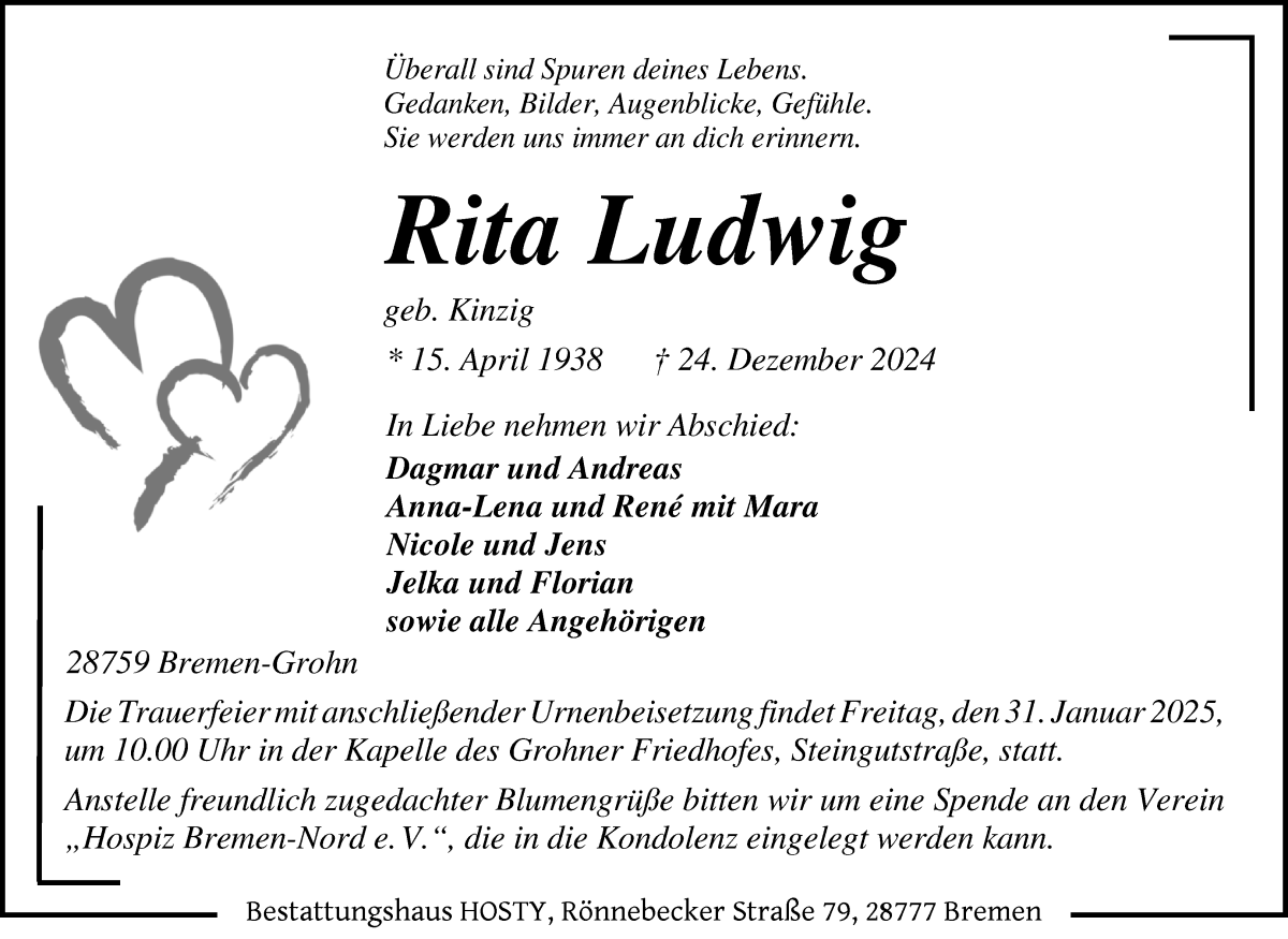 Traueranzeige von Rita Ludwig von Die Norddeutsche
