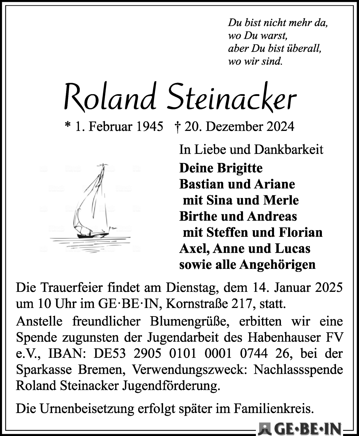 Traueranzeige von Roland Steinacker von WESER-KURIER