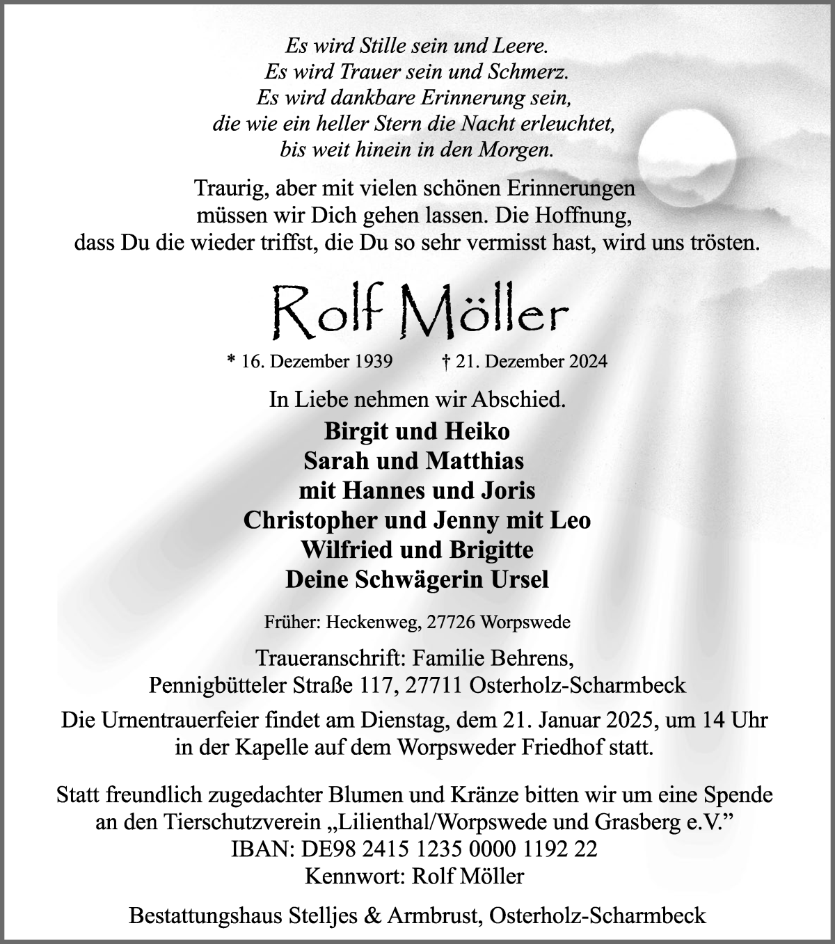 Traueranzeige von Rolf Möller von Osterholzer Kreisblatt