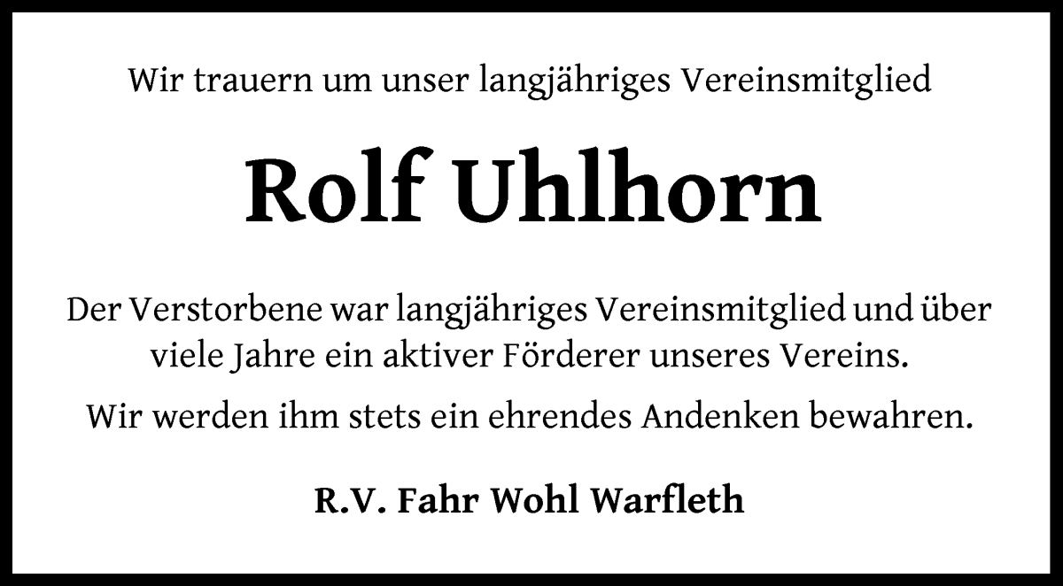 Traueranzeige von Rolf Uhlhorn von Die Norddeutsche