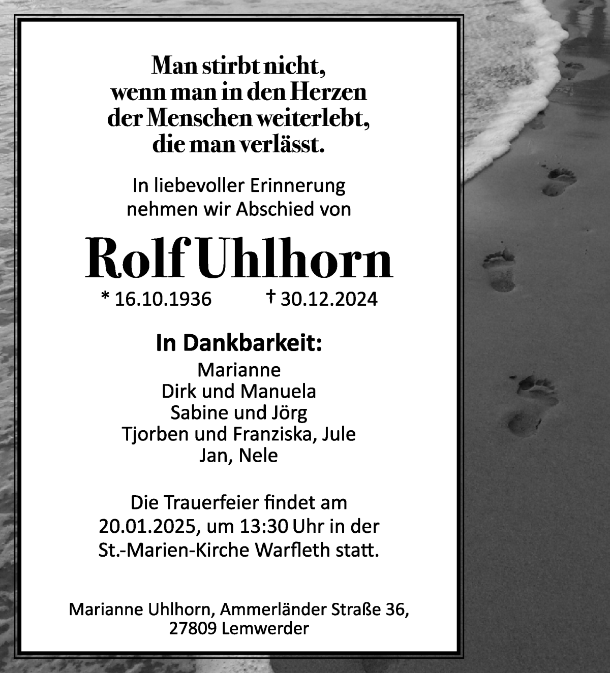 Traueranzeige von Rolf Uhlhorn von Die Norddeutsche