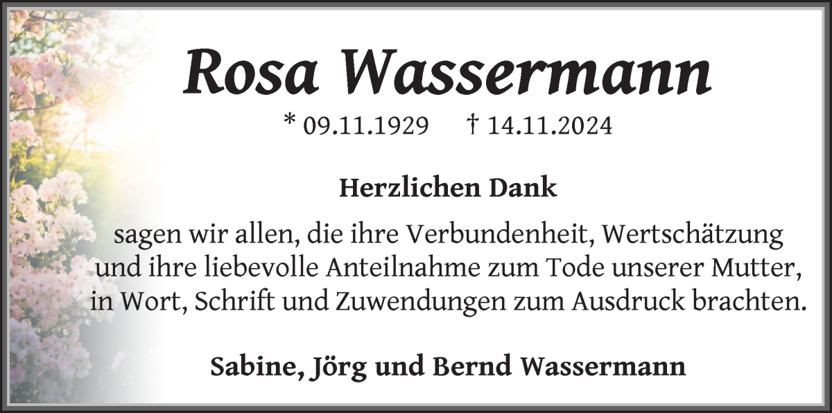 Traueranzeige von Rosa Wassermann von WESER-KURIER