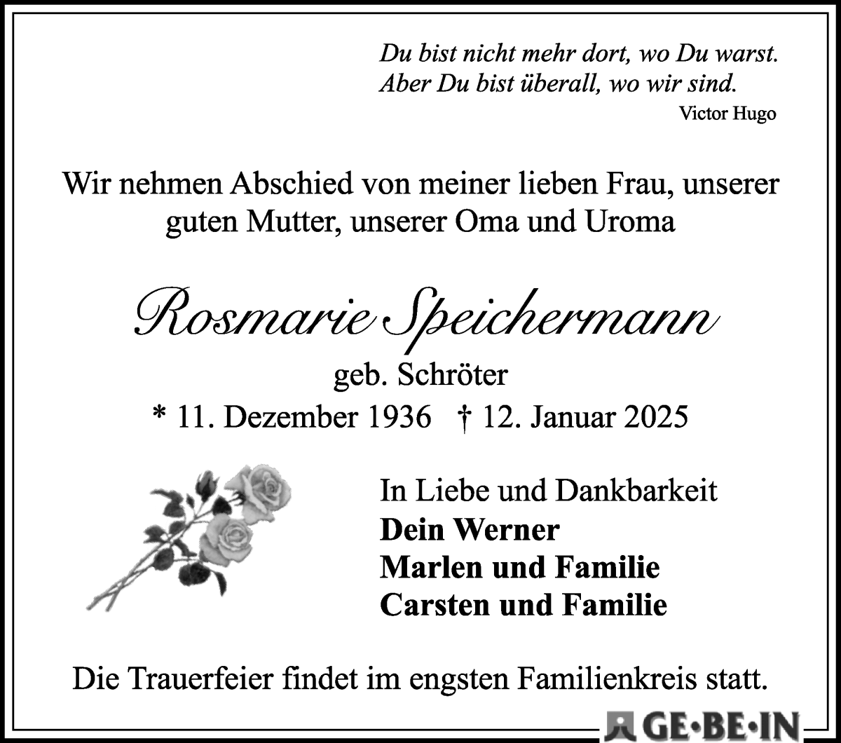 Traueranzeige von Rosemarie Speichermann von WESER-KURIER