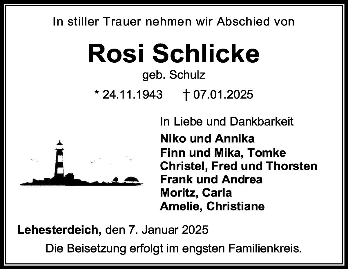 Traueranzeige von Rosi Schlicke von WESER-KURIER