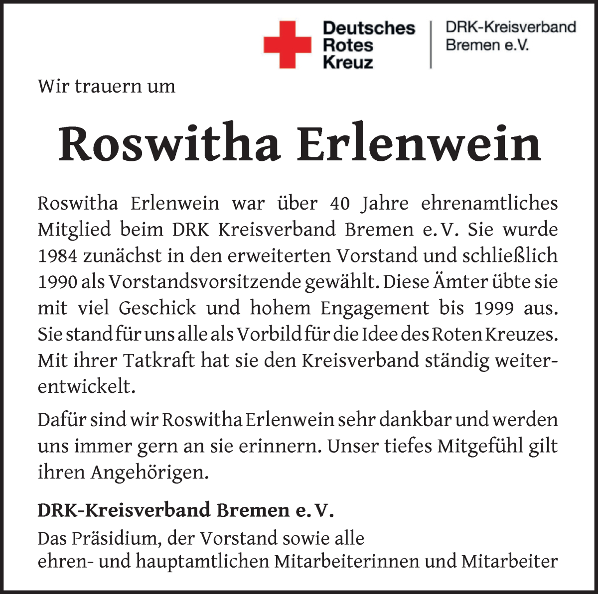 Traueranzeige von Roswitha Erlenwein von WESER-KURIER