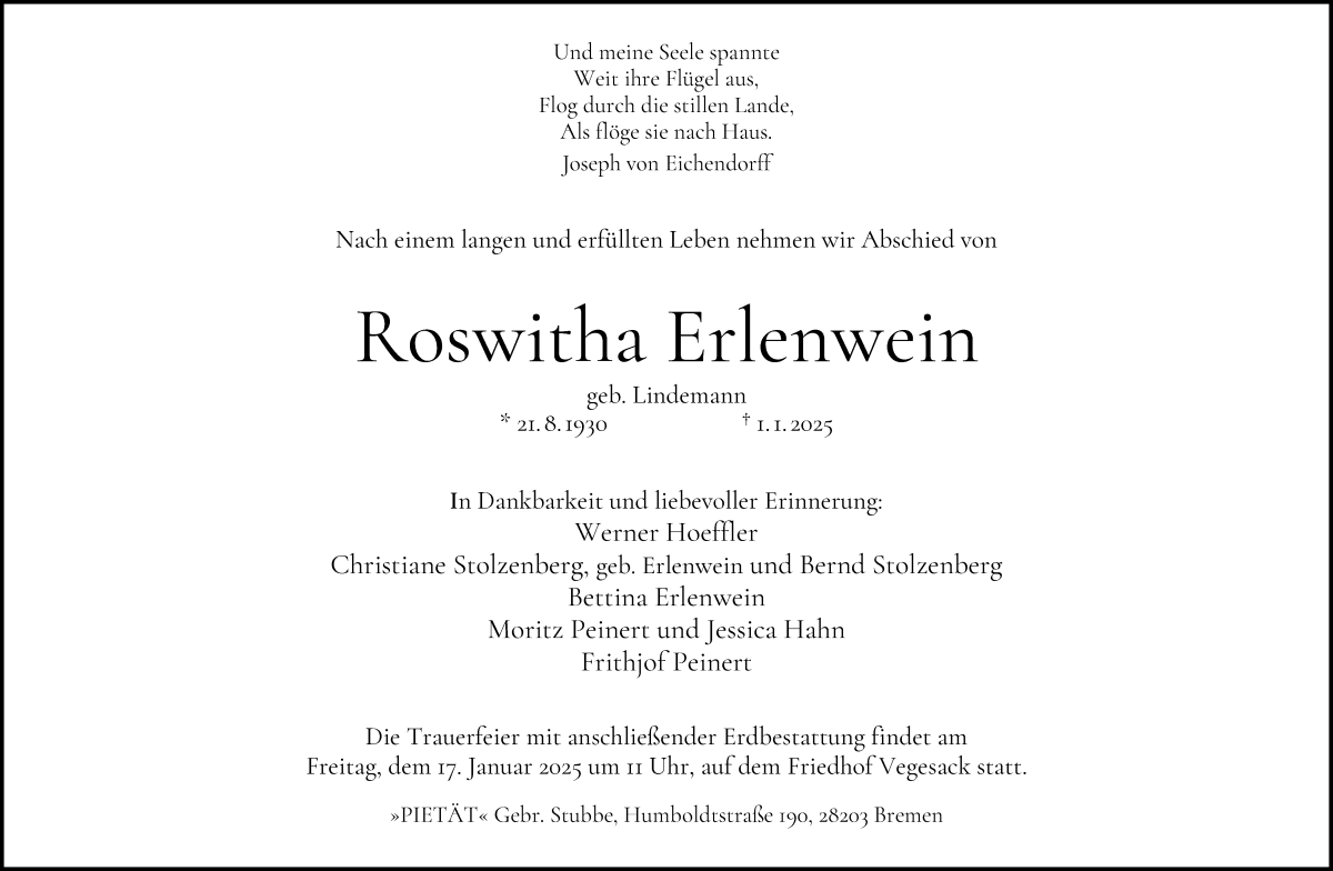 Traueranzeige von Roswitha Erlenwein von WESER-KURIER