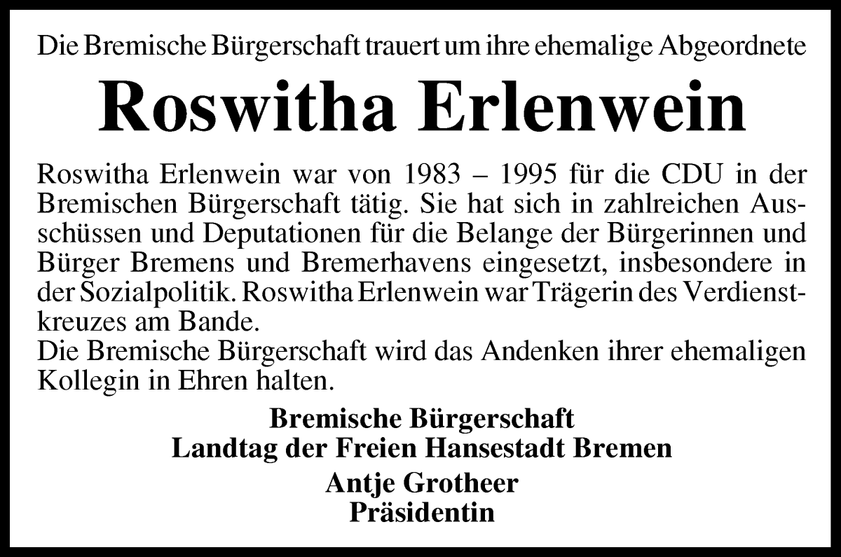 Traueranzeige von Roswitha Erlenwein von WESER-KURIER